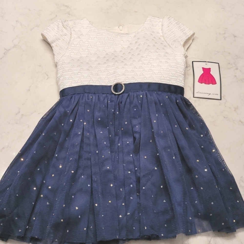 DORISSA SPECIAL OCCASION DRESS. SIZE 18 MONTHS.  WHITE AND NAVY BLUE WITH GOLD.
